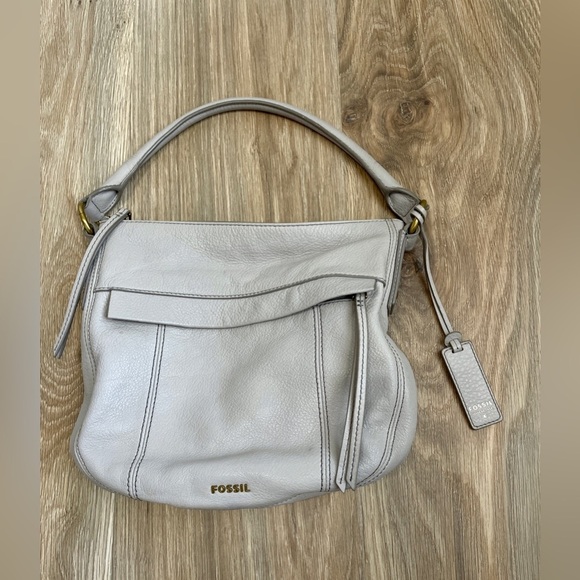 FOSSIL Grey Ziptop Hobo Pebbled Leather Handbag Purse 1954 EUC - Picture 1 of 6